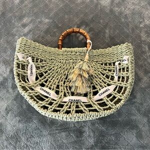 Sage Woven Tote with Bamboo Handle with authentic Chanel‎ ribbon